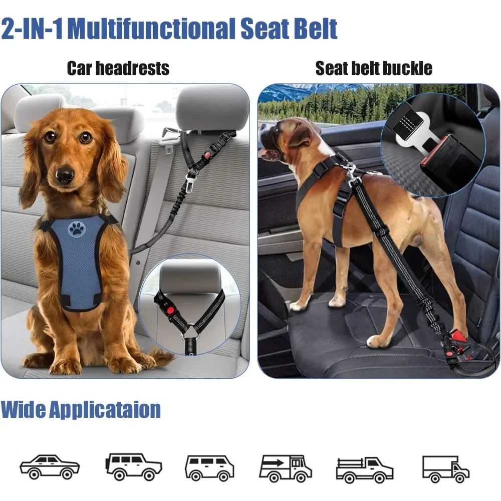 2-in-1 Adjustable Reflective Dog Car Seatbelt & Headrest Restraint