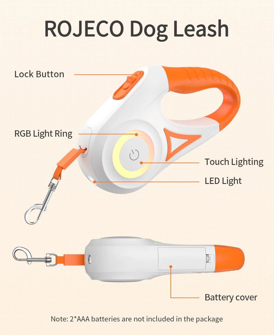 🌟 ROJECO Automatic Retractable Dog Leash with LED Light – Fashionable, Functional, and Safe!